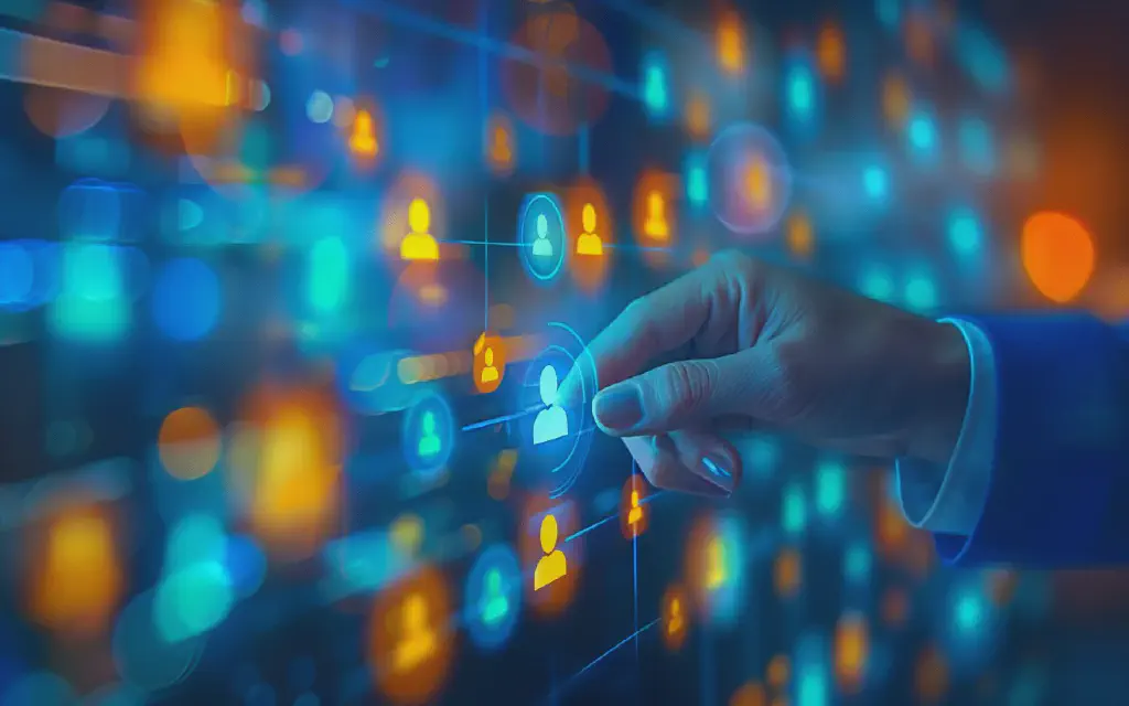 Futuristisches Board mit Profil-Icons, aus dem ein Talent ausgewählt wird