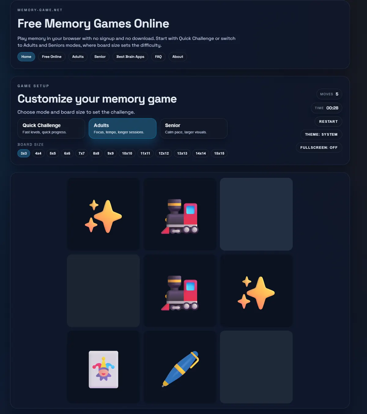 Live-Ansicht von Memory-Game.net mit Spielbrett, Schwierigkeitsauswahl und ersten aufgedeckten Karten.