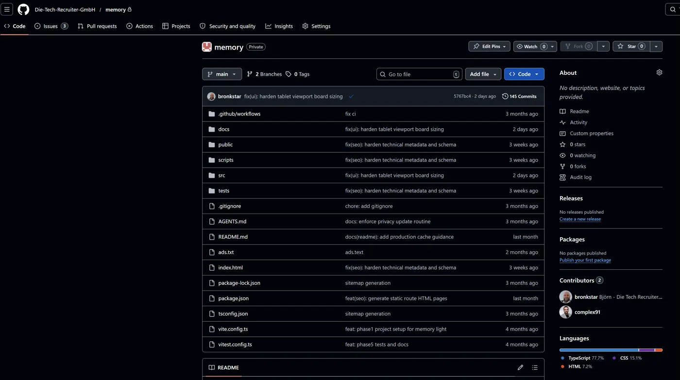 GitHub-Repository von Memory-Game.net mit Projektstruktur und Commit-Historie.