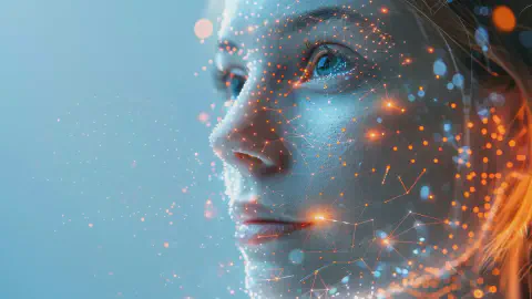 Gesicht einer KI-Frau mit futuristischen, abstrakten Formen