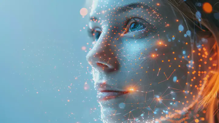 Gesicht einer KI-Frau mit futuristischen, abstrakten Formen