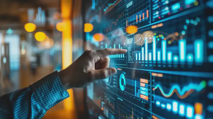 Hand zeigt auf futuristisches Dashboard mit Statistiken