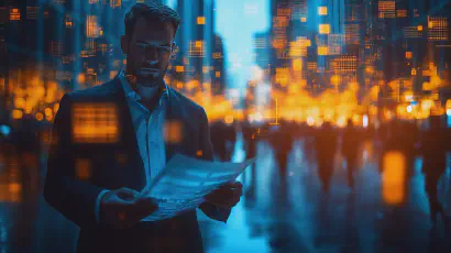 Ein Mann in formeller Kleidung steht in einer digitalen Stadtumgebung, vertieft in das Lesen von Dokumenten.