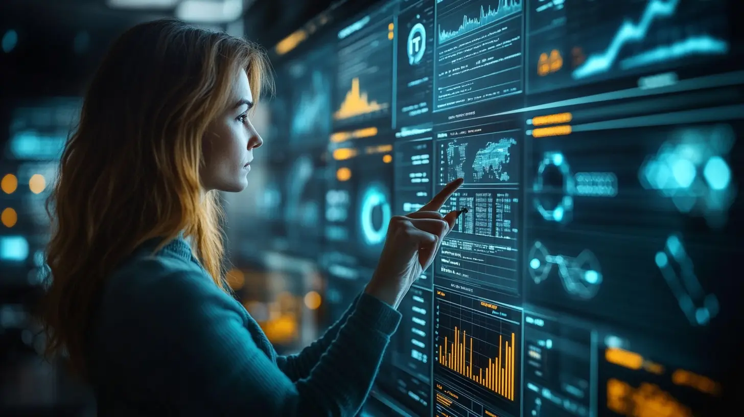 Eine Frau betrachtet eine digitale Datenanalyse-Tafel mit verschiedenen IT-Statistiken und Diagrammen, die den IT-Arbeitsmarkt visualisieren.