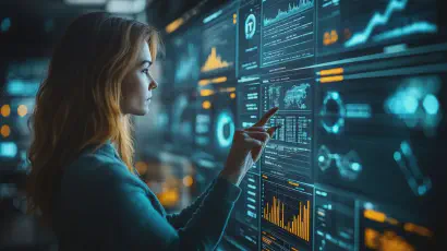 Eine Frau betrachtet eine digitale Datenanalyse-Tafel mit verschiedenen IT-Statistiken und Diagrammen, die den IT-Arbeitsmarkt visualisieren.