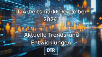 Visualisierung des IT-Arbeitsmarkts im Dezember 2024 mit dem Titel 'Aktuelle Trends und Entwicklungen', dargestellt vor einer futuristischen Daten- und Technologie-Hintergrundgrafik.