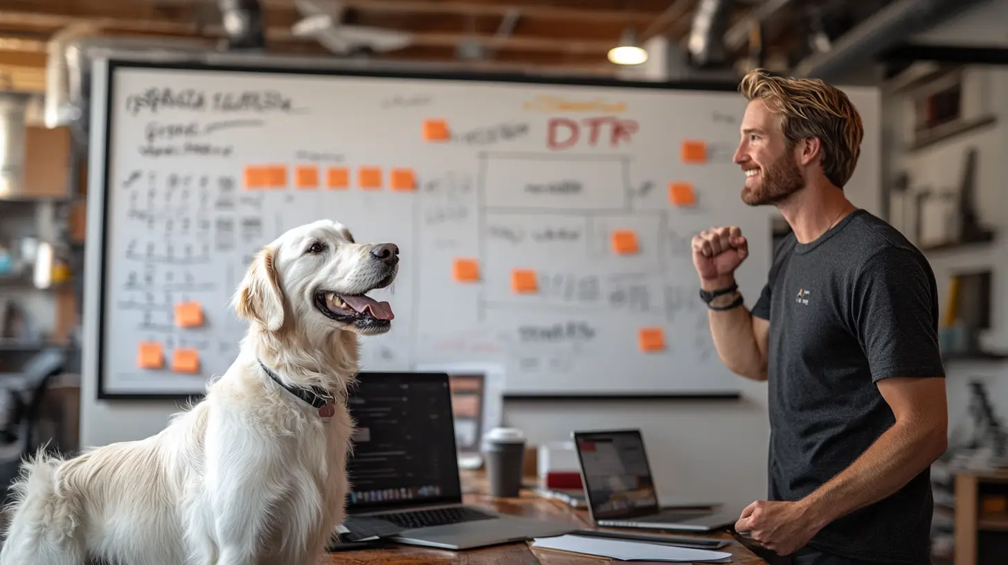 Ein inspirierendes Bürobild von einem lachenden Mann und einem Golden Retriever, das Teamwork und Erfolg bei der IT Personalberatung von Die Tech Recruiter zeigt.