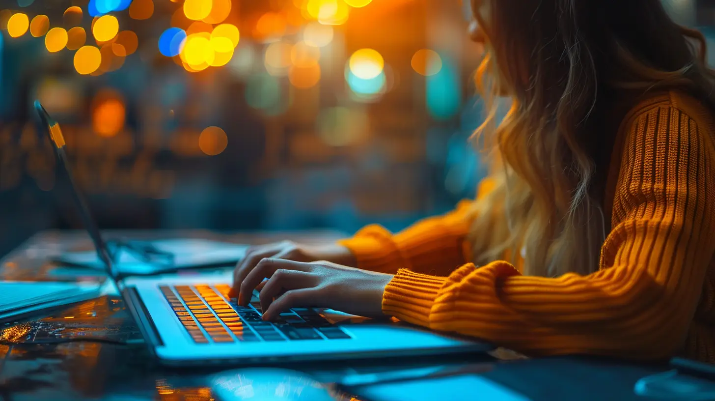 Junge Frau sitzt am Schreibtisch und tippt auf dem Laptop