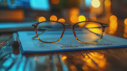 Bild einer Brille die auf einen Text Lebenslauf liegt