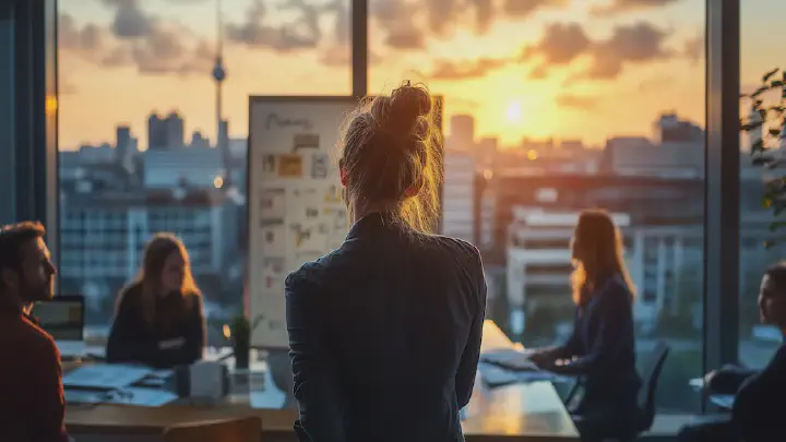 Bild eines IT Teams mit einer Product Ownerin aus Hamburg im Mittelpunkt.