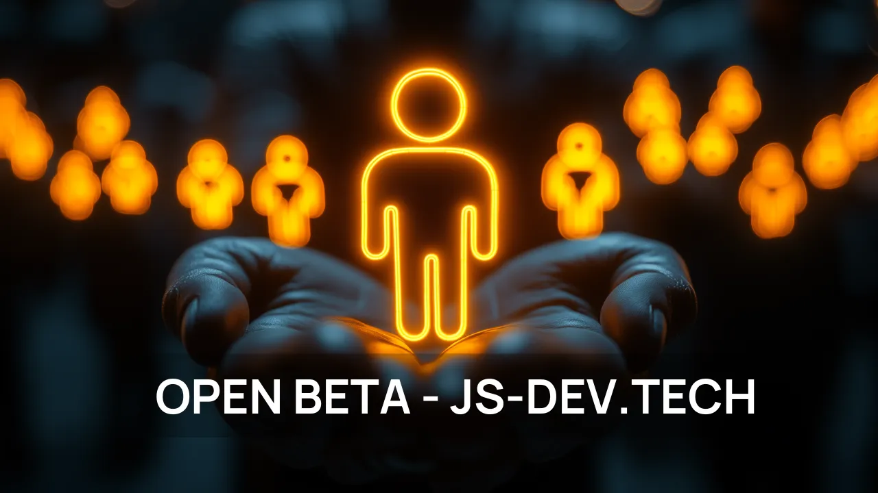 Visualisierung eines Reverse Job Boards für Javascript Entwickler, dargestellt durch leuchtende Icons von Menschen in einer offenen Hand, mit dem Text 'Open Beta - JS-DEV.TECH'.