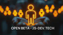 Visualisierung eines Reverse Job Boards für Javascript Entwickler, dargestellt durch leuchtende Icons von Menschen in einer offenen Hand, mit dem Text 'Open Beta - JS-DEV.TECH'.