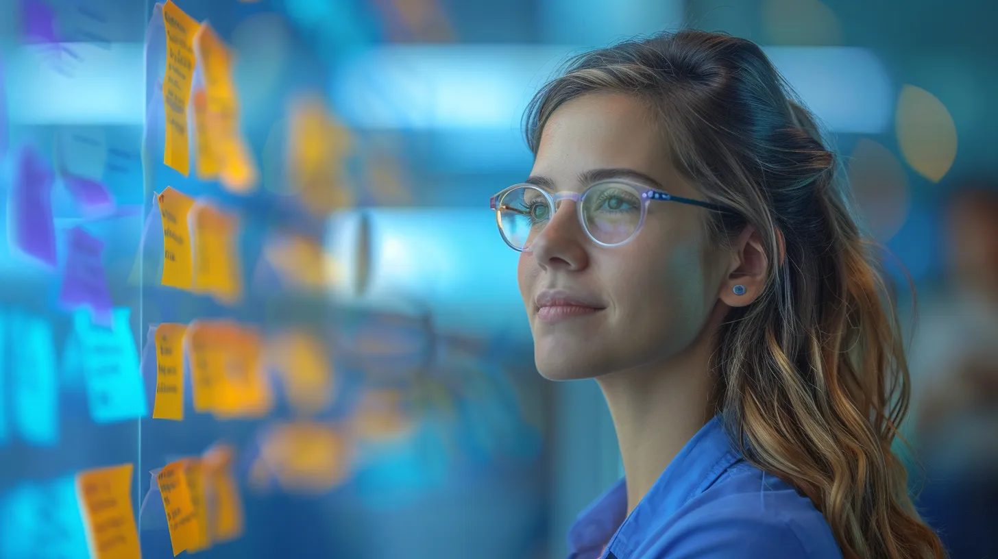 Frau mit Brille steht vor Whiteboard mit Postits drauf