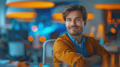 Bild eines IT-Freelancers der am Tisch sitzt und in die Kamera lächelt